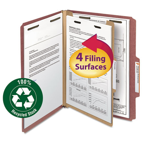 Recycled Pressboard Classification Folders, 2" Expansion, 1 Divider, 4 Fasteners, Letter Size, Red Exterior, 10/box