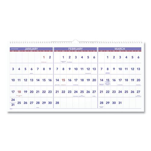 Deluxe Three-month Reference Wall Calendar, Horizontal Orientation, 24 X 12, White Sheets, 15-month (dec-feb): 2022 To 2024