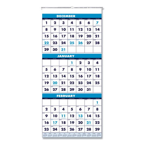 Recycled Three-month Format Wall Calendar, Vertical Orientation, 12.25 X 26, White Sheets, 14-month (dec-jan): 2022-2024