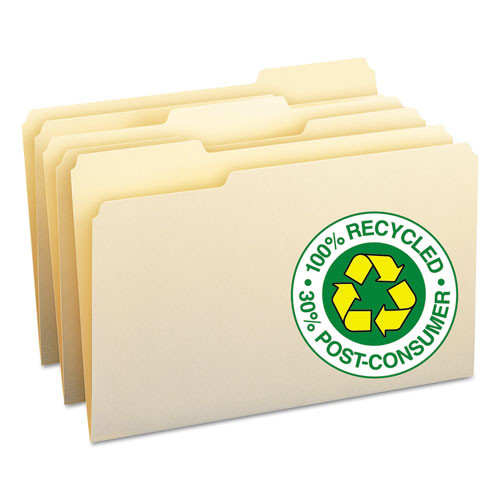 100% Recycled Manila Top Tab File Folders, 1/3-cut Tabs: Assorted, Legal Size, 0.75" Expansion, Manila, 100/box