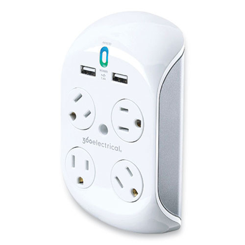 Revolve 3.4 Surge Protector, 4 Ac Outlets/2 Usb Ports, 918 J, White/gray