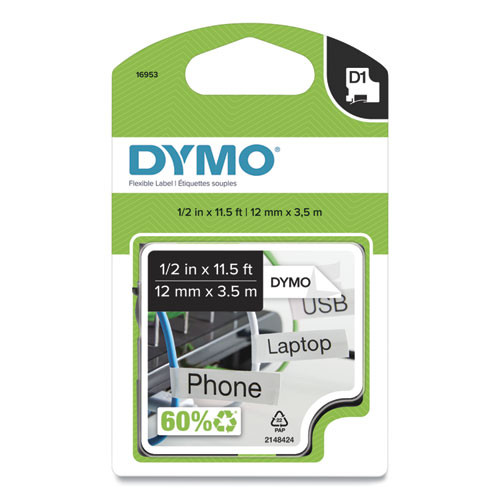 D1 Flexible Nylon Label Maker Tape, 0.5" X 11.5 Ft, Black On White