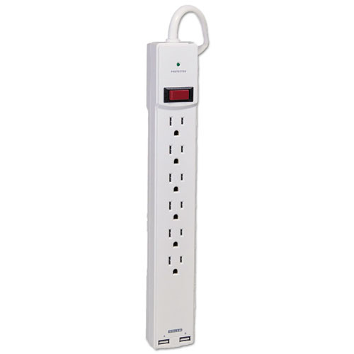 Surge Protector, 6 Ac Outlets/2 Usb Ports, 6 Ft Cord, 1,080 J, White