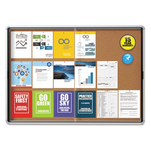 Enclosed Indoor Cork Bulletin Board W/sliding Glass Doors, 56 X 39, Silver Frame