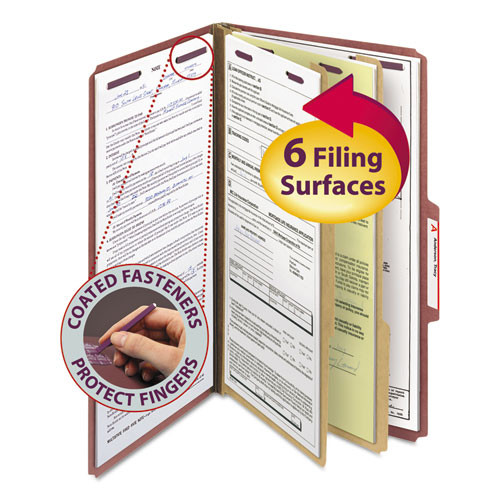 Pressboard Classification Folders, Six Safeshield Fasteners, 2/5-cut Tabs, 2 Dividers, Legal Size, Red, 10/box