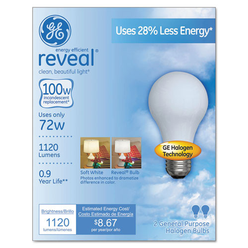 Halogen A-line Bulb, A19, 100 W, Reveal, 2/pack