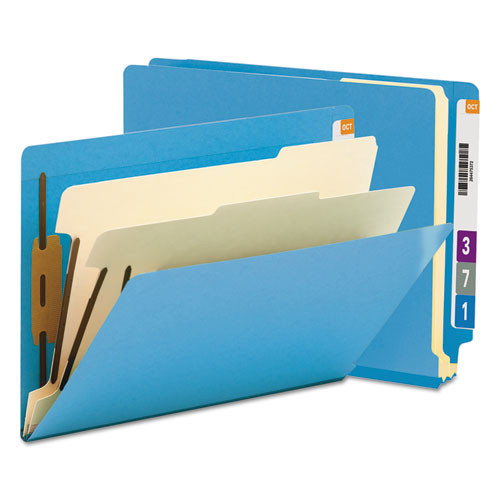 Colored End Tab Classification Folders With Dividers, 2" Expansion, 2 Dividers, 6 Fasteners, Letter Size, Blue, 10/box