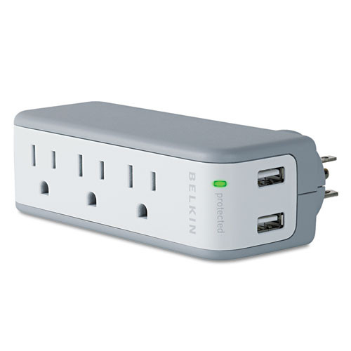 Wall Mount Surge Protector, 3 Ac Outlets/2 Usb Ports, 918 J, Gray/white