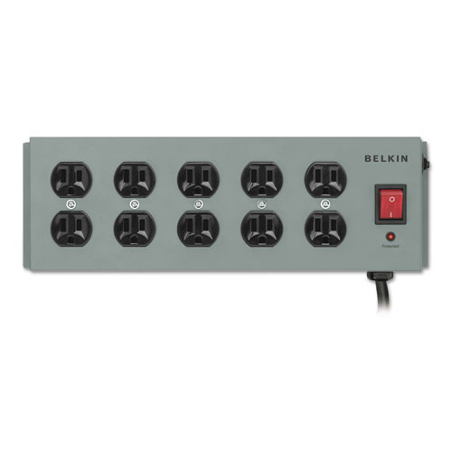 Metal Surgemaster Surge Protector, 10 Ac Outlets, 15 Ft Cord, 885 J, Dark Gray