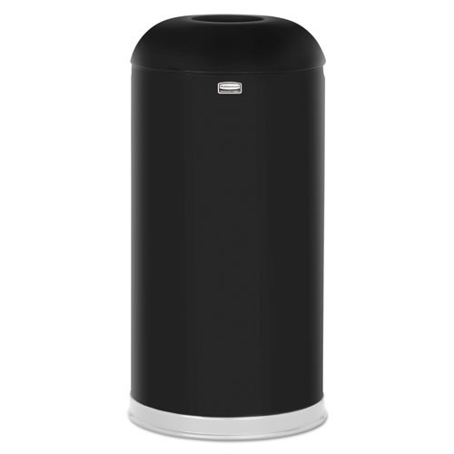 Round Top Open Top Waste Receptacle, 15 Gal, Steel, Black