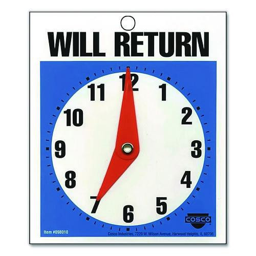 Double-sided Open/will Return Sign With Clock Hands, Plastic, 7.5 X 9