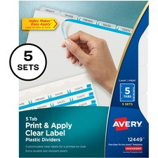 Avery Index Maker Index Divider - 25 x Divider(s) - Print-on Tab(s) - 5 - 5 Tab(s)/Set - 8.5" Divider Width x 11" Divider Length - 3 Hole Punched - Translucent Plastic Divider - Frosted Clear Plastic Tab(s) - 1