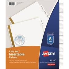 Avery Worksaver Big Tab Insertable Indexes - 8 x Divider(s) - 8 - 8 Tab(s)/Set - 8.5" Divider Width x 11" Divider Length - 3 Hole Punched - White Paper Divider - Clear Paper, Plastic Tab(s) - 8 / Set