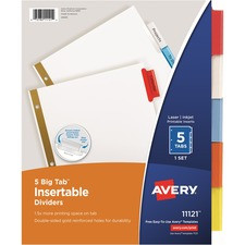 Avery Worksaver Big Insertable Tab Index Dividers - 5 x Divider(s) - 5 - 5 Tab(s)/Set - 8.5" Divider Width x 11" Divider Length - 3 Hole Punched - White Paper Divider - Multicolor Plastic Tab(s) - 1