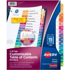 Avery Ready Index Custom TOC Binder Dividers - 15 x Divider(s) - 1-15 - 15 Tab(s)/Set - 8.5" Divider Width x 11" Divider Length - 3 Hole Punched - White Paper Divider - Multicolor Paper Tab(s) - 15 / Set