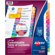 Avery Ready Index Custom TOC Binder Dividers - 12 x Divider(s) - 1-12 - 12 Tab(s)/Set - 8.5" Divider Width x 11" Divider Length - 3 Hole Punched - White Paper Divider - Multicolor Paper Tab(s) - 12 / Set