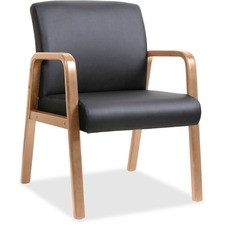 Lorell Guest Chair - Black Bonded Leather Seat - Black Bonded Leather Back - Walnut Solid Wood Frame - Four-legged Base - Armrest - 1 Each