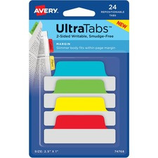 Avery 2-sided Writable Margin Ultra Tabs - 24 Tab(s) - 1" Tab Height x 2.50" Tab Width - Red Film, Clear Paper, Yellow, Green, Blue Tab(s) - 24 / Pack