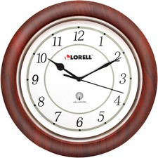 Lorell 13-1/4" Round Wood Wall Clock - Analog - Quartz - White Main Dial - Mahogany/Wood Case