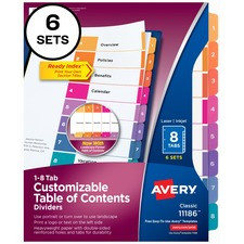 Avery Ready Index Custom TOC Binder Dividers - 48 x Divider(s) - 1-8 - 8 Tab(s)/Set - 8.5" Divider Width x 11" Divider Length - 3 Hole Punched - White Paper Divider - Multicolor Paper Tab(s) - 6 / Pack