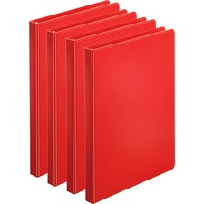 Business Source Basic Round Ring Binders - 1/2" Binder Capacity - Letter - 8 1/2" x 11" Sheet Size - 125 Sheet Capacity - 3 x Round Ring Fastener(s) - Internal Pocket(s) - Chipboard, Polypropylene - Red - Exposed Rivet, Sturdy - 4 / Bundle