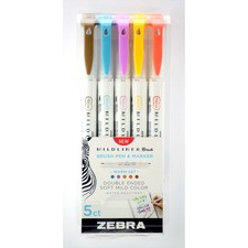 Zebra Pen Mildliner Brush Double-ended Highlighter Warm Color Pack - Fine Marker Point - Brush Marker Point Style - Gold Pigment-based, Magenta, Brown, Vermillion, Smoke Blue Ink - 5 / Pack