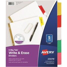 Avery Big Tab Write & Erase Dividers - 5 x Divider(s) - 5 Write-on Tab(s) - 5 - 5 Tab(s)/Set - 8.5" Divider Width x 11" Divider Length - 3 Hole Punched - White Paper Divider - Multicolor Paper Tab(s) - 1 / Set