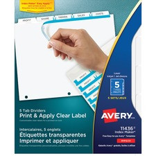 Avery Print & Apply Clear Label Dividers - Index Maker Easy Apply Label Strip - 25 x Divider(s) - 5 Tab(s)/Set - 8.5" Divider Width x 11" Divider Length - Letter - 3 Hole Punched - Clear Paper Divider - White Tab(s) - 1 / Pack
