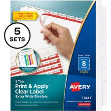Avery Index Maker Index Divider - 40 x Divider(s) - Print-on Tab(s) - 8 - 8 Tab(s)/Set - 9.3" Divider Width x 11.25" Divider Length - 3 Hole Punched - White Paper Divider - White Paper Tab(s) - 5 / Pack