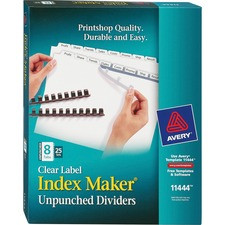 Avery Print & Apply Label Unpunched Dividers - Index Maker Easy Apply Label Strip - 200 x Divider(s) - 8 Blank Tab(s) - 8 Tab(s)/Set - 8.5" Divider Width x 11" Divider Length - Letter - White Paper Divider - White Tab(s) - 25 / Box