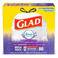 Glad ForceFlex Tall Kitchen Drawstring Trash Bags - Mediterranean Lavender with Febreze Freshness - 13 gal - 0.78 mil (20 Micron) Thickness - White - 80/Box - 80 Per Box - Garbage, Office, Kitchen