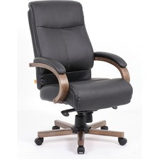 Lorell Wood Base Leather High-back Executive Chair - Black Leather Seat - Black Leather Back - High Back - Armrest - 1 Each