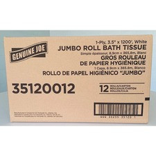 Genuine Joe 1-ply Jumbo Roll Bath Tissue - 1 Ply - 3.63" x 1200 ft - 8.88" Roll Diameter - White - Fiber - Sewer-safe, Septic Safe - For Bathroom - 12 / Carton