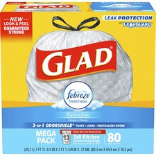 Glad ForceFlex Tall Kitchen Drawstring Trash Bags - Febreze Freshness - 13 gal - 0.78 mil (20 Micron) Thickness - White - 80/Box - 80 Per Box - Kitchen, Garbage