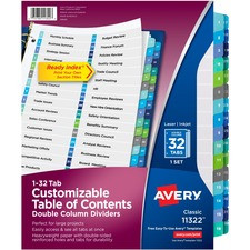 Avery Two-Column Table Contents Dividers w/Tabs - 32 x Divider(s) - 1-32 - 32 Tab(s)/Set - 8.5" Divider Width x 11" Divider Length - 3 Hole Punched - White Paper Divider - Multicolor Paper Tab(s) - 32 / Set