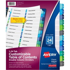 Avery Two-Column Table Contents Dividers w/Tabs - 24 x Divider(s) - 1-24 - 24 Tab(s)/Set - 8.5" Divider Width x 11" Divider Length - 3 Hole Punched - White Paper Divider - Multicolor Paper Tab(s) - 24 / Set