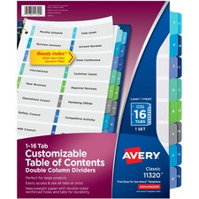 Avery Two-Column Table Contents Dividers w/Tabs - 16 x Divider(s) - 1-16 - 16 Tab(s)/Set - 8.5" Divider Width x 11" Divider Length - 3 Hole Punched - White Paper Divider - Multicolor Paper Tab(s) - 16 / Set