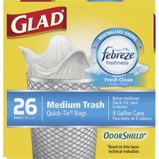 Clorox Medium Quick-Tie Trash Bags - OdorShield - Febreze Fresh Clean - 8 gal - 2.90" Width x 7.20" Length x 2.80" Depth - White - 26/Box - Garbage, School, Office, Day Care