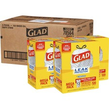 Glad ForceFlex Tall Kitchen Drawstring Trash Bags - 13 gal - 9 mil (229 Micron) Thickness - White - Plastic - 3/Carton - 120 Per Box - Home, Day Care, Breakroom, Kitchen