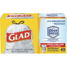 Glad ForceFlex Tall Kitchen Drawstring Trash Bags - 13 gal - 27" Width x 24" Length x 1 mil (25 Micron) Thickness - White - 45/Box - Kitchen, Office, School, Breakroom, Restaurant