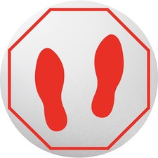 Lorell Red Feet Personal Spacing Discs - 48 / Carton - 2 x Red feet Design - Octagonal Shape - Red Print/Message Color - Repositionable, Non-slip, Durable, Wipe-off - Vinyl - Clear