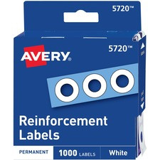 Avery White Self-Adhesive Reinforcement Labels - 0.3" Diameter - 3 x Holes - Round - White - Polyvinyl - 12 / Pack