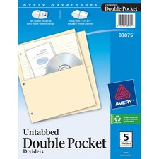 Avery Untabbed Double Pocket Dividers - 11.1" Height x 9.3" Width - 2 x Pockets Capacity - For Letter 8 1/2" x 11" Sheet - Ring Binder - Rectangular - Buff - 5 / Pack