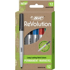 BIC ReVolution Permanent Markers - Fine Marker Point - Black, Red, Green, Blue - Gray Barrel - 1 Dozen