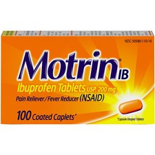 Motrin Ibuprofen Caplets - For Fever, Common Cold, Headache, Backache, Muscular Pain, Arthritis, Toothache - 100 / Box