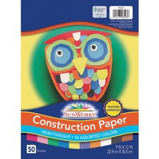 SunWorks Construction Paper - Multipurpose - 9"Width x 12"Length - 50 / Pack - Assorted