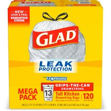 Glad ForceFlex Tall Kitchen Drawstring Trash Bags - 13 gal - 9 mil (229 Micron) Thickness - White - Plastic - 120/Box - Home, Day Care, Breakroom, Garbage, Kitchen