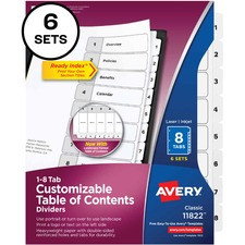 Avery 8-tab Custom Table of Contents Dividers - 48 x Divider(s) - 1-8, Table of Contents - 8 Tab(s)/Set - 8.5" Divider Width x 11" Divider Length - 3 Hole Punched - White Paper Divider - White Paper Tab(s) - 6 / Pack