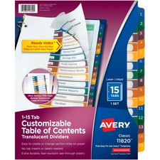 Avery Ready Index Customizable TOC Binder Dividers - 15 x Divider(s) - 1-15 - 15 Tab(s)/Set - 8.5" Divider Width x 11" Divider Length - 3 Hole Punched - Clear Plastic Divider - Multicolor Plastic Tab(s) - 1