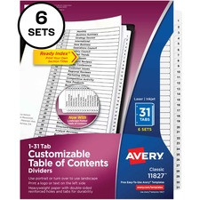 Avery 1-31 Custom Table of Contents Dividers - 186 x Divider(s) - 1-31, Table of Contents - 31 Tab(s)/Set - 8.5" Divider Width x 11" Divider Length - 3 Hole Punched - White Paper Divider - White Paper Tab(s) - 6 / Pack